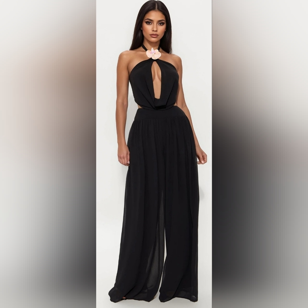 Elegant Black Women's Chiffon Pant Set